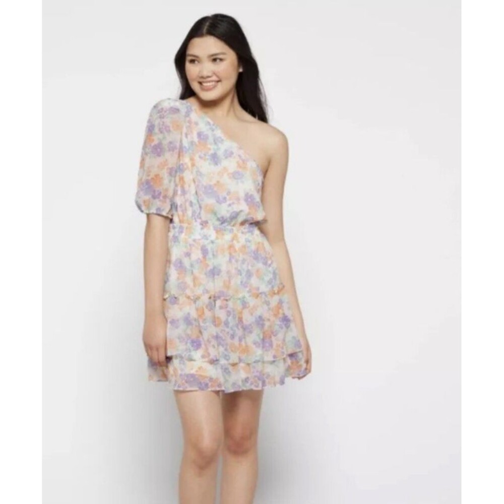 WAYF One Shoulder Smocked Waist Tiered Minidress Size Medium